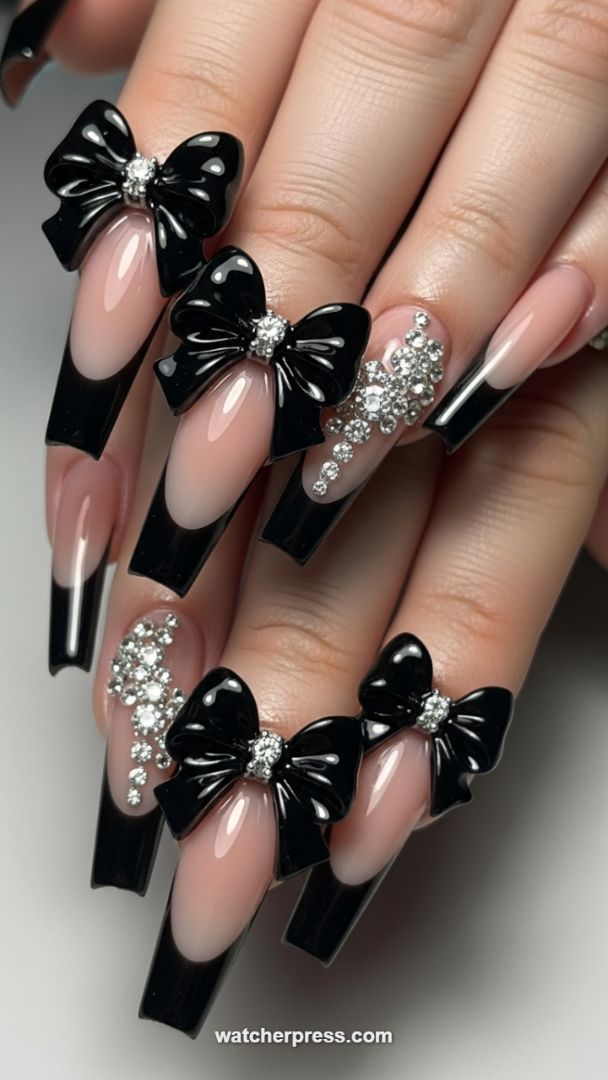 High-Contrast Coffin Nails: Black French Tips with Hyper-Gloss 3D Bow Embellishments