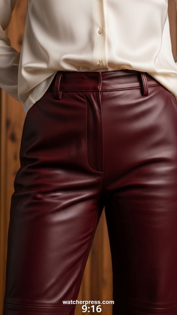 High-Contrast Elegance: Deep Burgundy Faux Leather Trousers with Ivory Satin Blouse