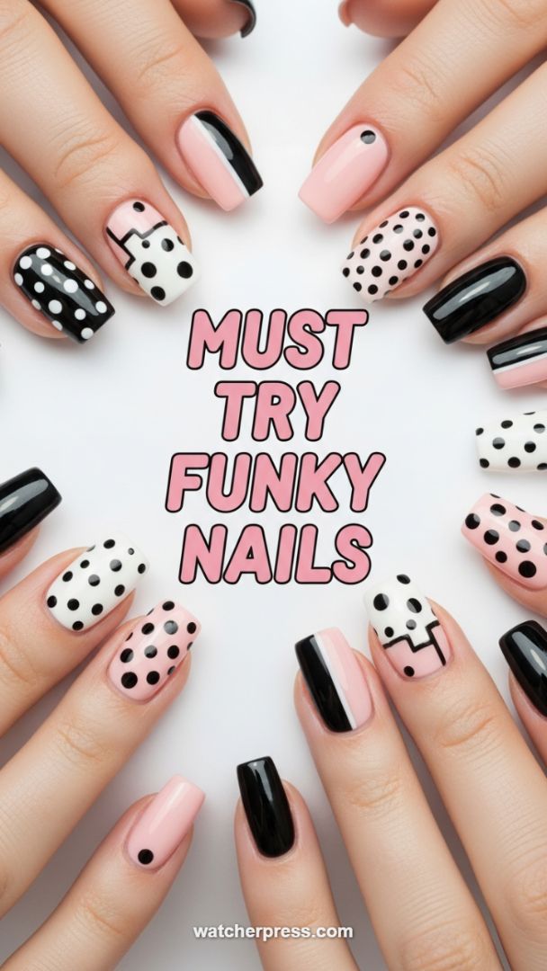 High-Contrast Funky Nails: Polka Dots and Geometric Designs in Pink and Black