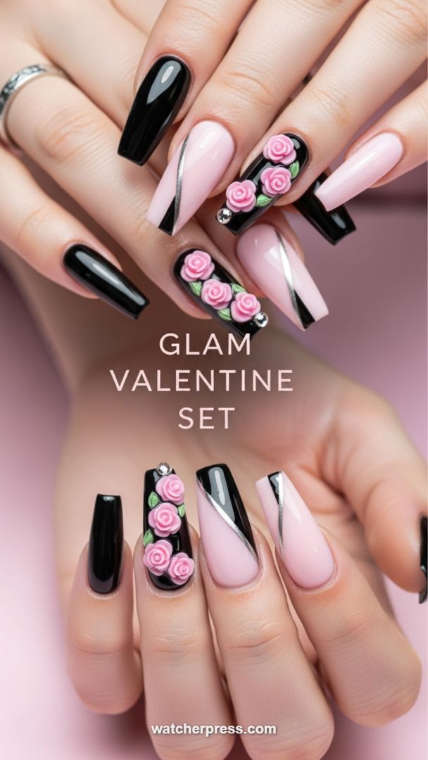 High-Contrast Glamour: 3D Pink Rose Art on Black and Nude Coffin Tips