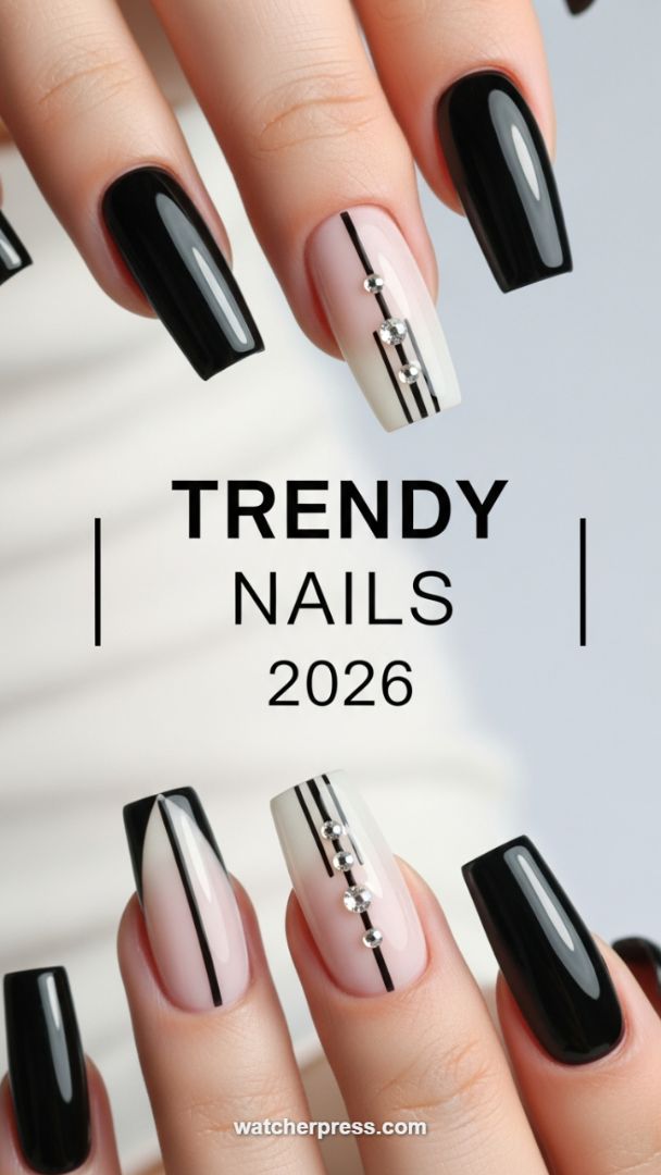 High-Contrast Glamour: Black Gloss Coffin Nails with Geometric Line Art and Rhinestones