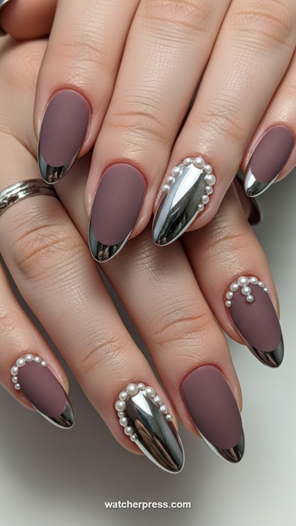 High-Contrast Matte Mauve Nails with Mirror Chrome Tips and Pearl Draping