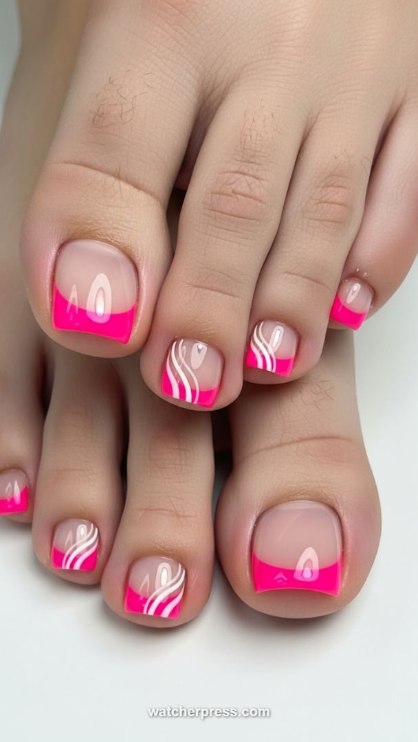 High-Contrast Neon Pink French Pedicure Featuring Dynamic White Swirl Art