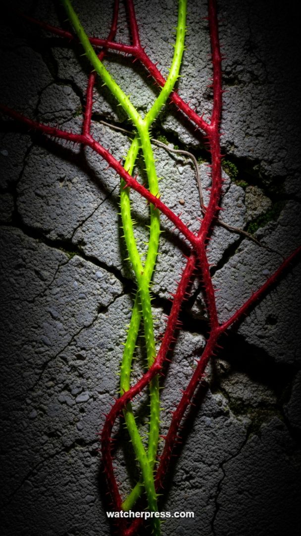 High-Contrast Neon Thorns: Intertwined Vines on Gritty Concrete