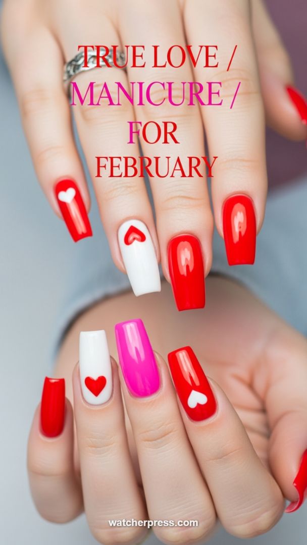 High-Contrast Valentine's Day Manicure: Red, Pink, and White Color Blocking with Floating Hearts