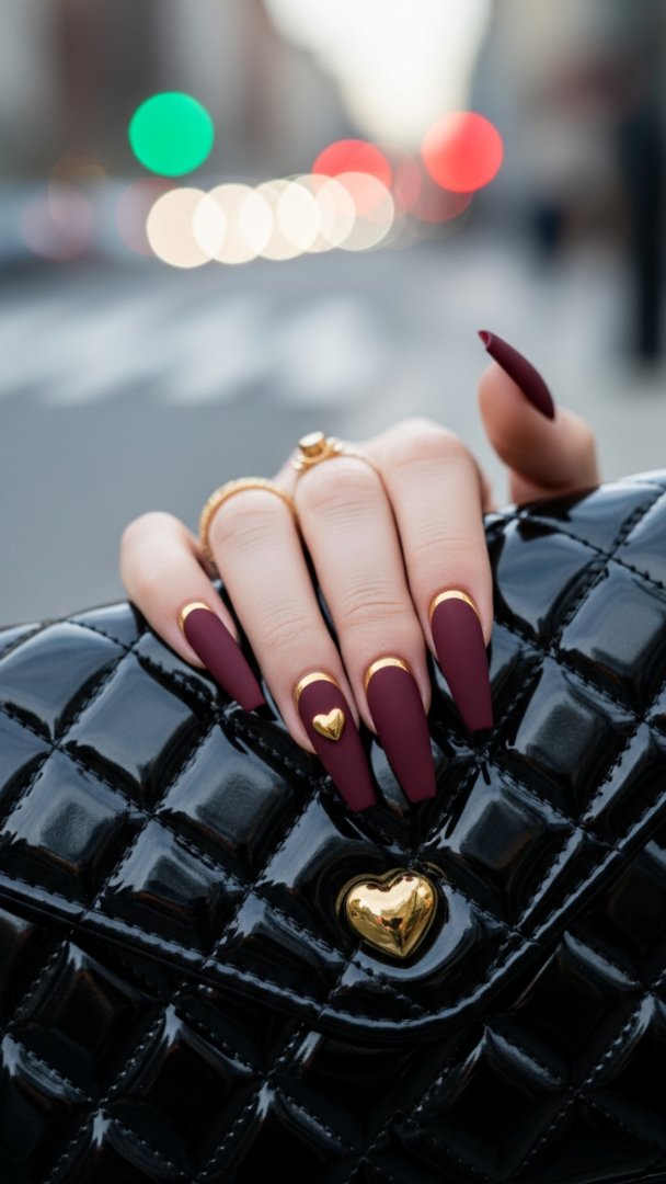 High-Drama Matte Burgundy Nails with Gold Heart Charm and Reverse French Accents