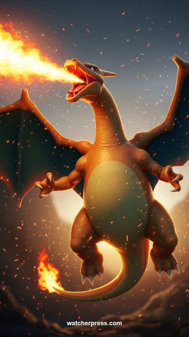 High-Fidelity Charizard Fire Blast: Dynamic Dark Wallpaper for Gamers and Anime Fans