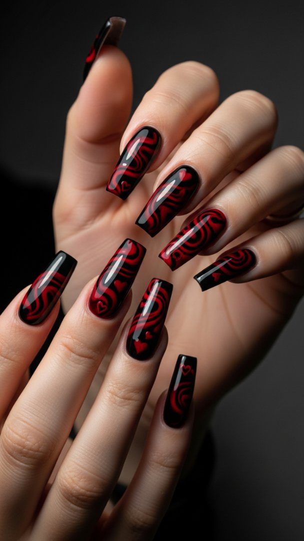 High-Gloss Black and Red Vortex Coffin Nail Art