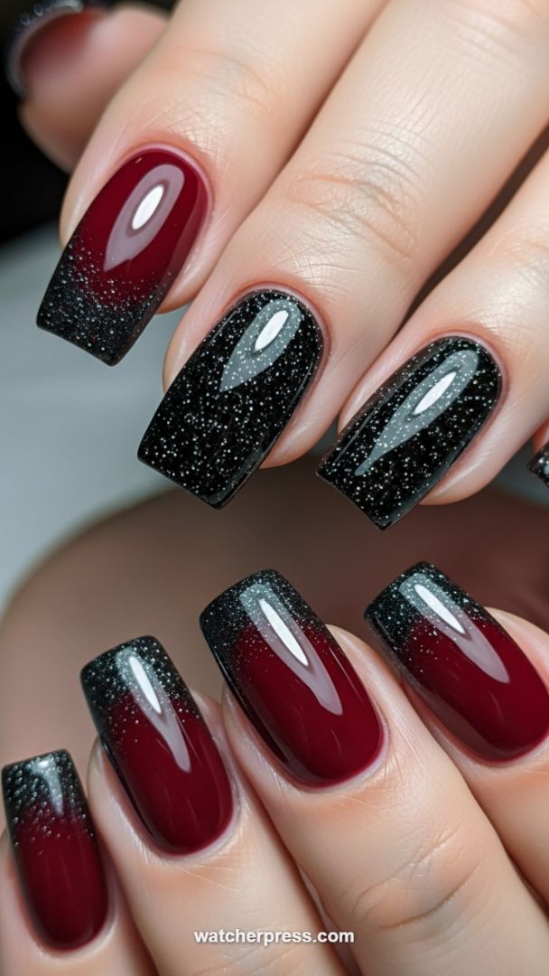 High-Gloss Burgundy Ombre and Stardust Black Accent Nail Combination