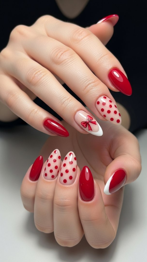 High-Gloss Cherry Red Almond Manicure with Polka Dot and Bow Accents