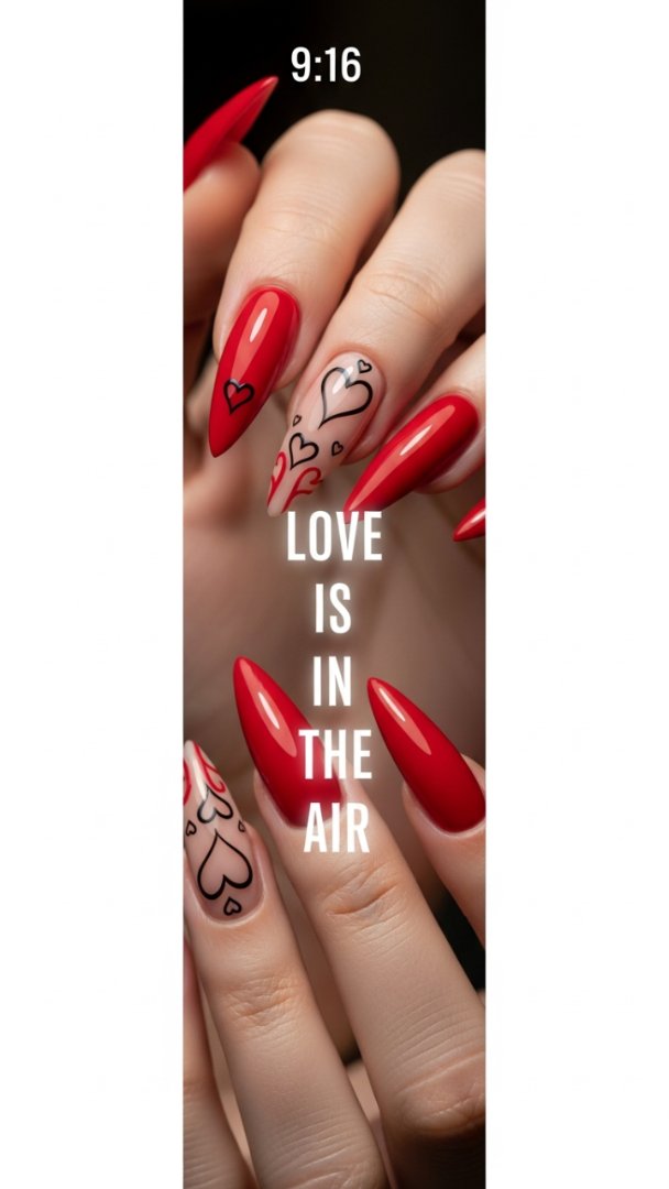High-Gloss Cherry Red Almond Nails with Romantic Heart Doodles
