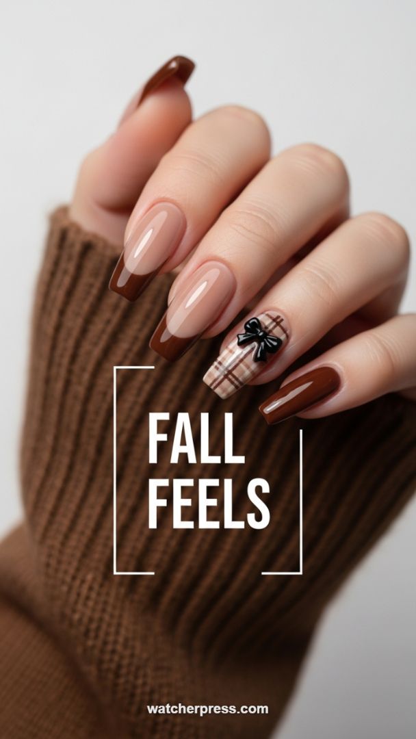 High-Gloss Mocha French Tips with Plaid and 3D Bow Accent