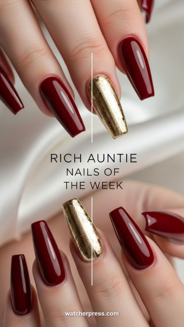 High-Gloss Opulence: Achieving the Deep Burgundy Coffin Shape with a Statement Gold Chrome Accent