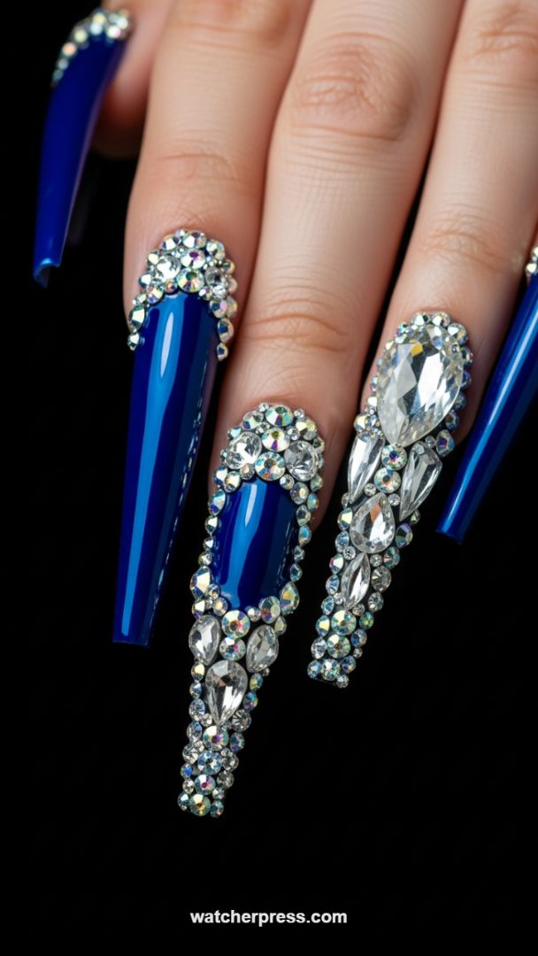 High-Gloss Royal Blue Nails Adorned with Maximalist 3D Crystal Pave