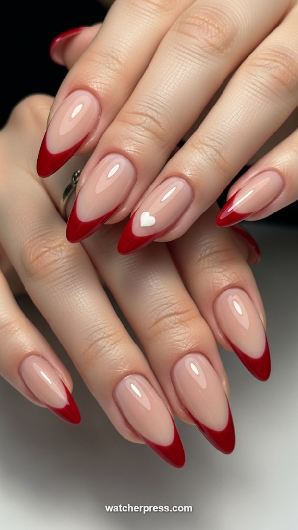 High-Gloss Scarlet V-Cut French Manicure with Heart Detail