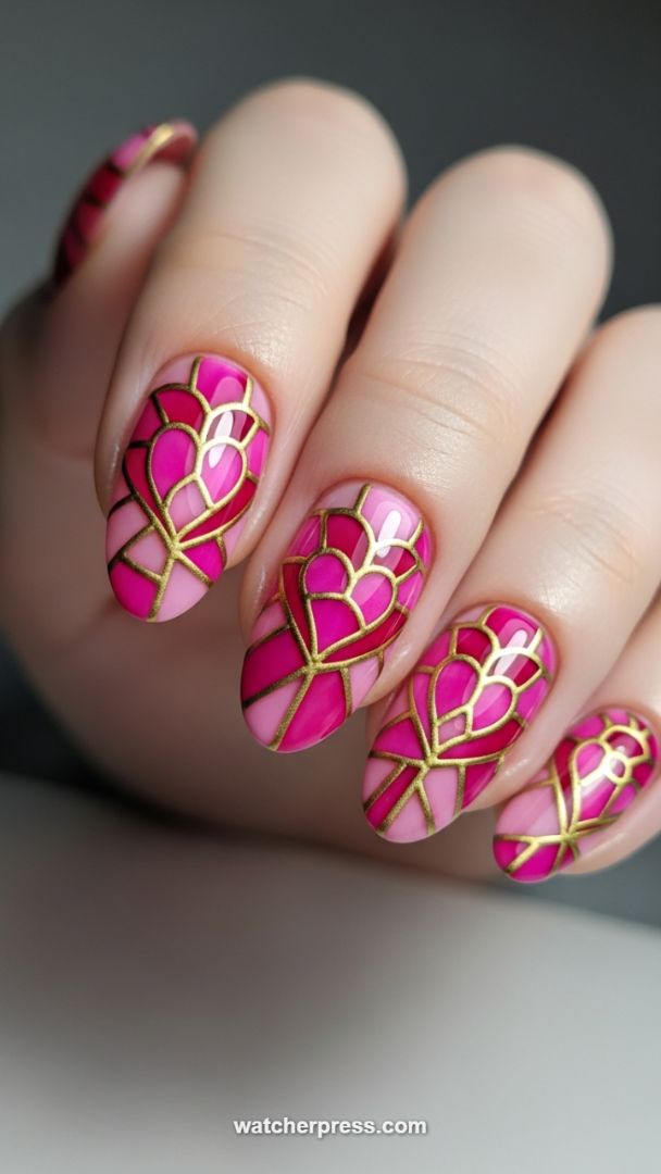 High-Gloss Stained Glass Heart Nails in Pink and Gold