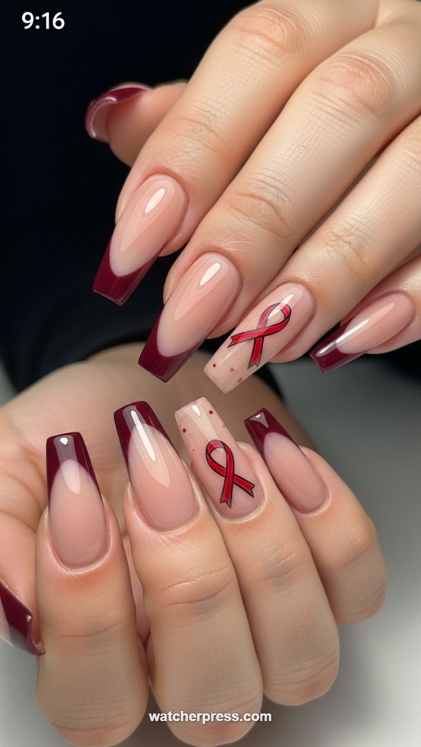 High-Shine Coffin Structure: The Elegance of Deep Burgundy French Tips Paired with a Meaningful Red Ribbon Accent.