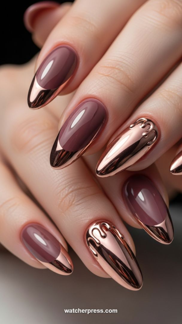 High-Shine Metallic Elegance: Dripping Rose Gold Chrome and Dusty Mauve