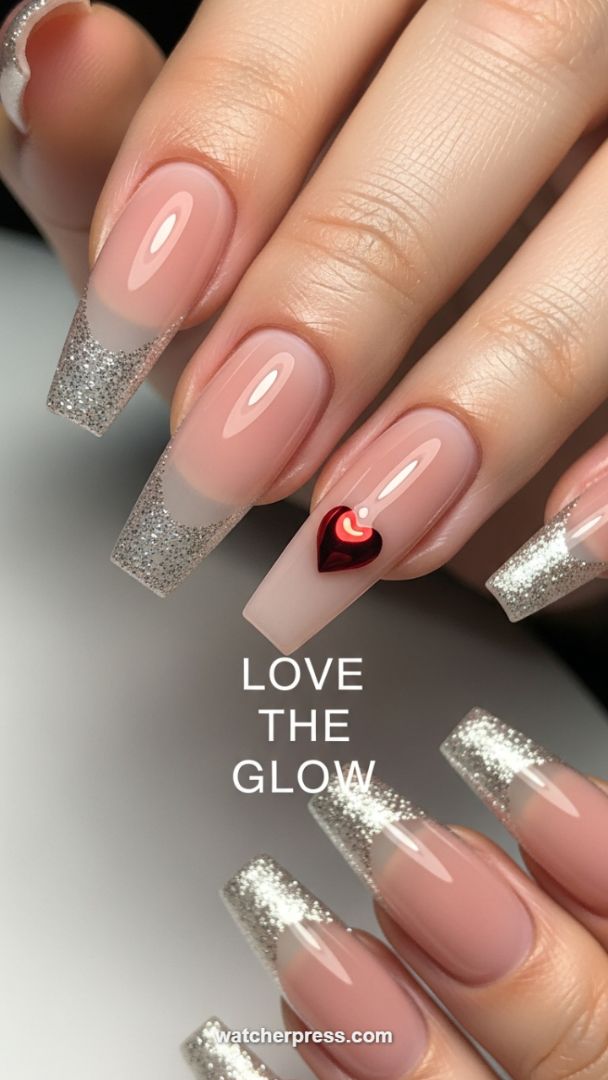 High-Shine Nude French Manicure Featuring Silver Glitter Tips and a Ruby 3D Heart Accent
