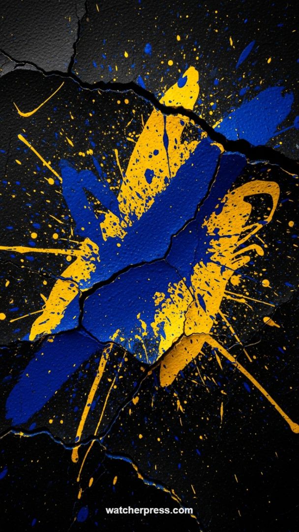 High-Voltage Splatter: Cobalt and Gold Paint Explosion on Cracked Urban Texture