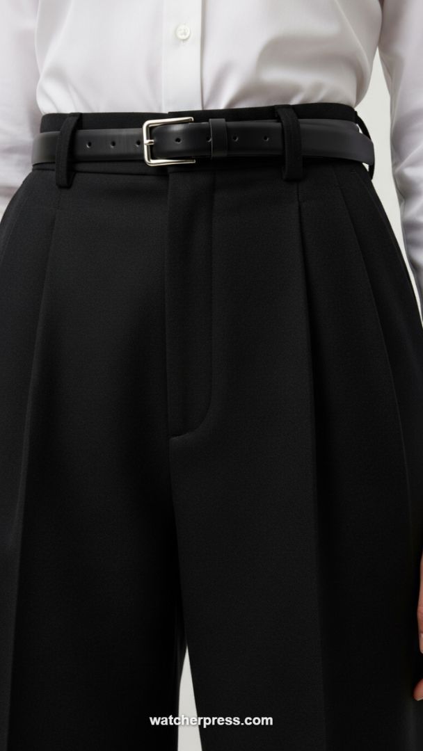 High-Waisted Precision: The Pleated Black Trouser Defined by a Classic Leather Belt