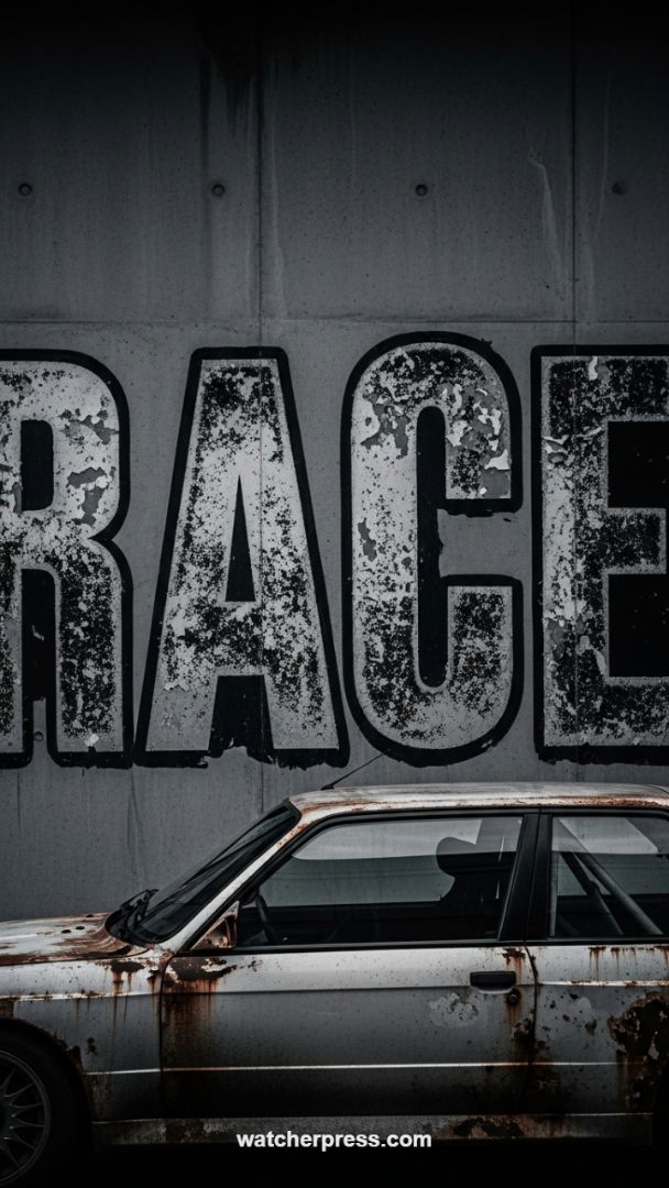 Industrial Grime: Rusted Race Car and Distressed Lettering Wallpaper