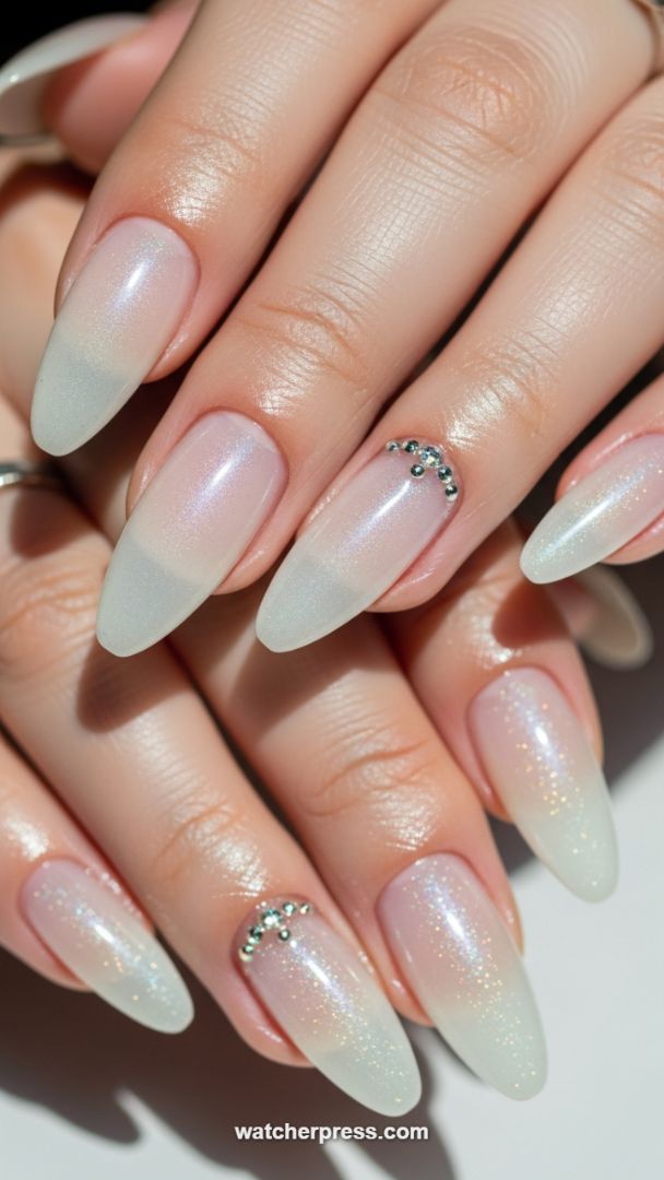 Iridescent Pearl Ombre Almond Nails: The Ethereal White Tip Trend