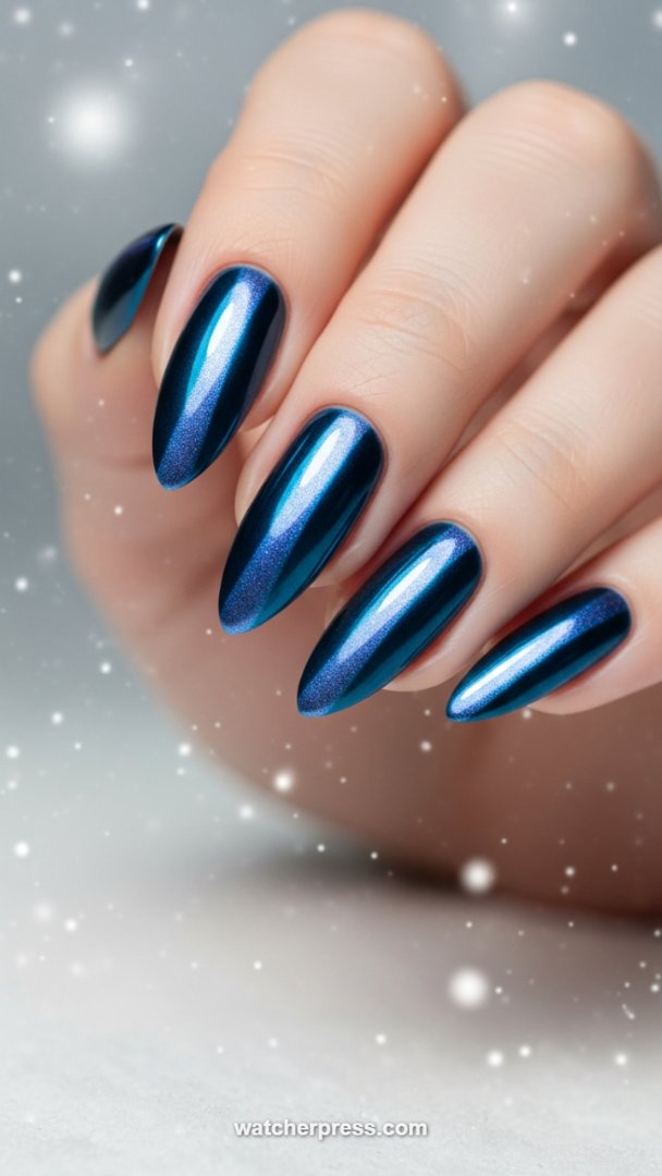 Iridescent Teal Chrome: Sculpted Almond Nails with a Mirror Finish