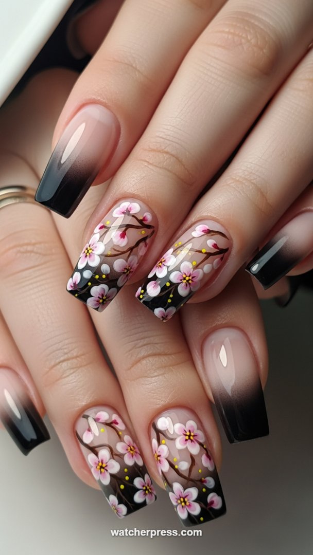 Japanese Garden Meets Modern Gradient: Black Ombre with Hand-Painted Sakura Blossoms