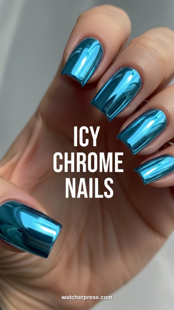 Liquid Metal: High-Shine Icy Teal Chrome Manicure