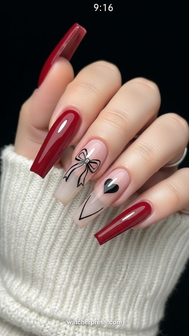 Luxe Cherry Red and Nude Coffin Nails Featuring Hand-Painted Bow and Heart Accents