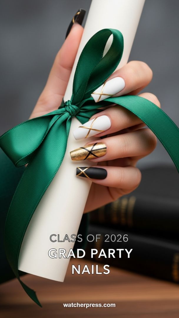 Luxe Graduation Nails: Matte Black, White, and Gold Geometric Coffin Set