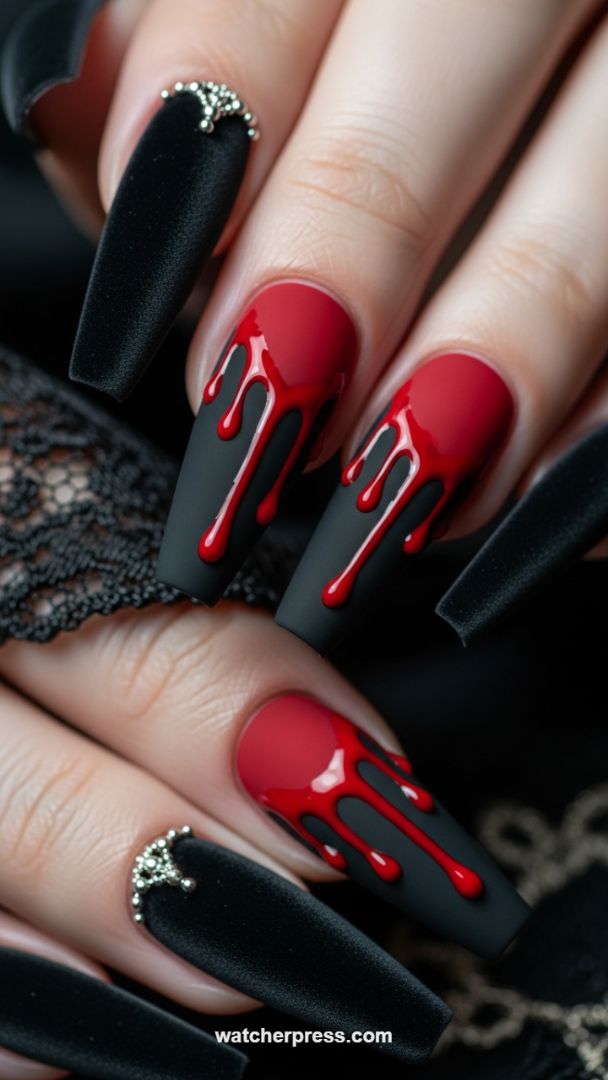 Luxe Velvet and Matte Drip Coffin Nails: High-Contrast Gothic Glamour