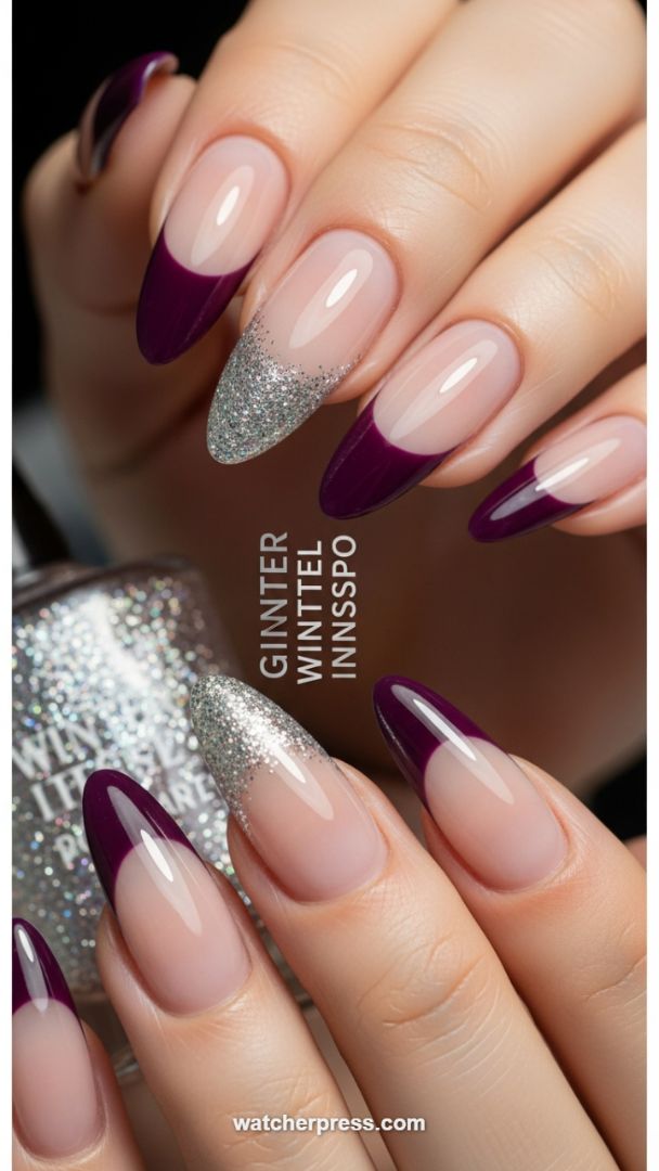 Luxurious Aubergine French Tips with Glimmering Silver Accent Nail