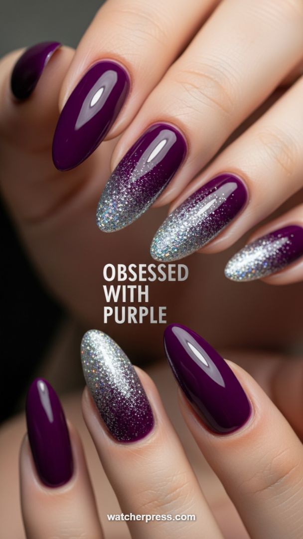 Luxurious Aubergine Manicure featuring Holographic Silver Glitter Ombré
