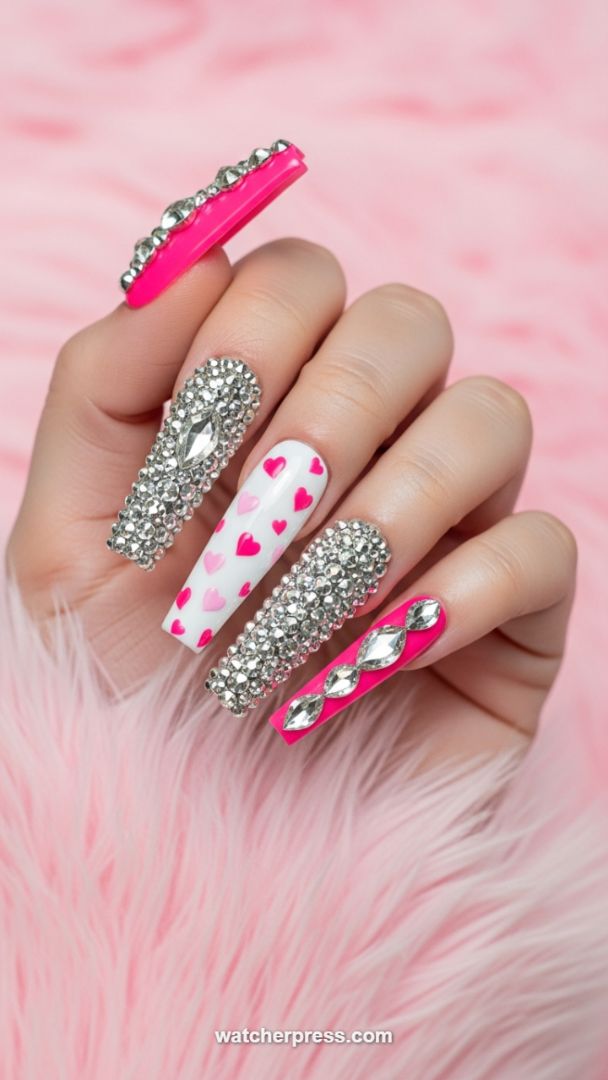 Luxurious Coffin Nails: High-Shine Hot Pink, Crystal Pave, and Romantic Heart Accents