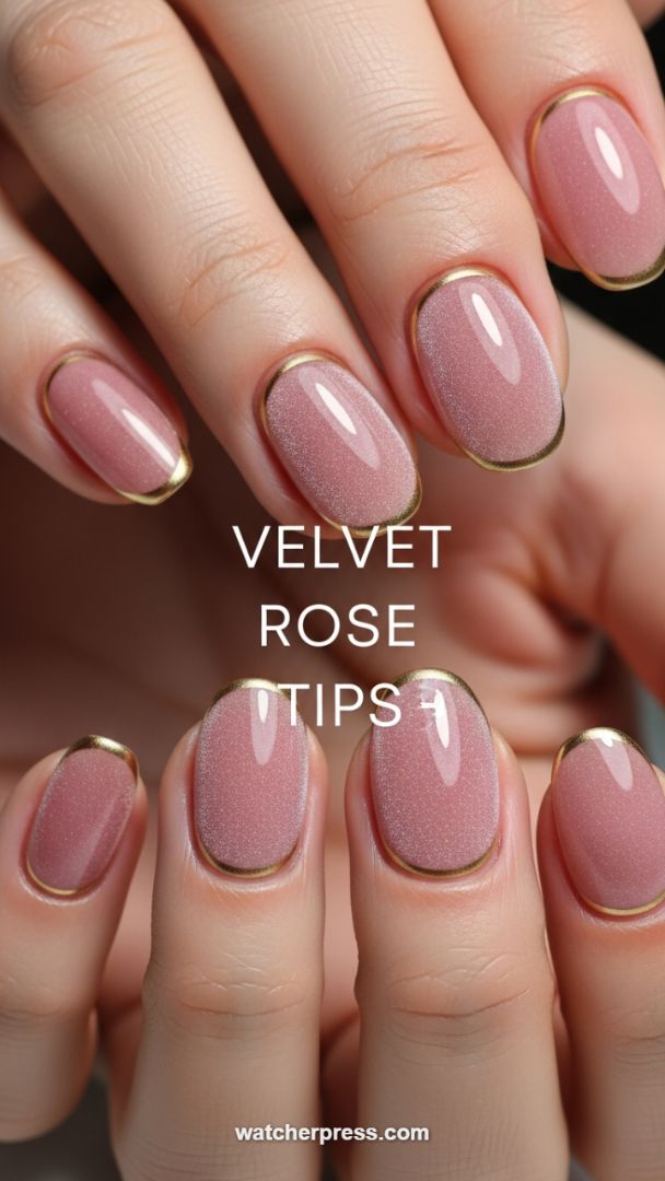 Luxurious Dusty Rose Velvet Nails with 3D Gold Contour Framing