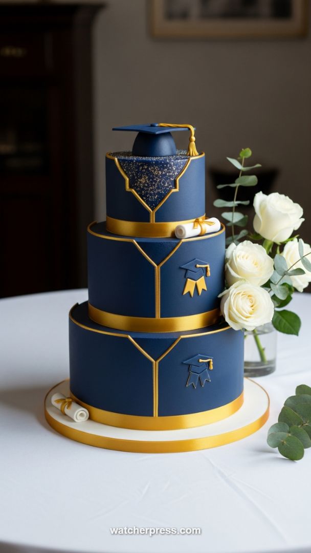 Luxurious Navy and Gold Tiered Cake: A Statement Graduation Centerpiece