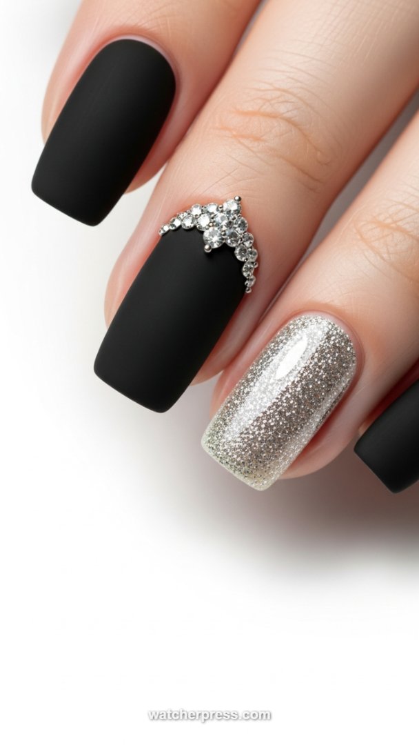 Matte Black Royalty: High-Contrast Manicure with Crystal Crown Accent and Silver Shimmer