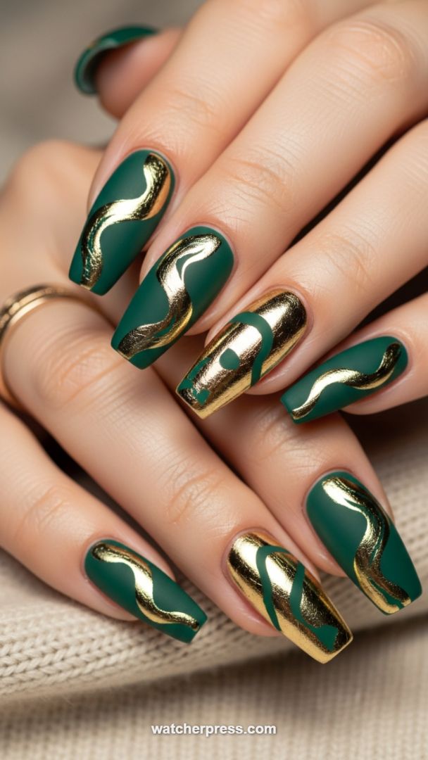 Matte Emerald and Liquid Gold: Abstract Serpentine Coffin Nails for High-End Glamour