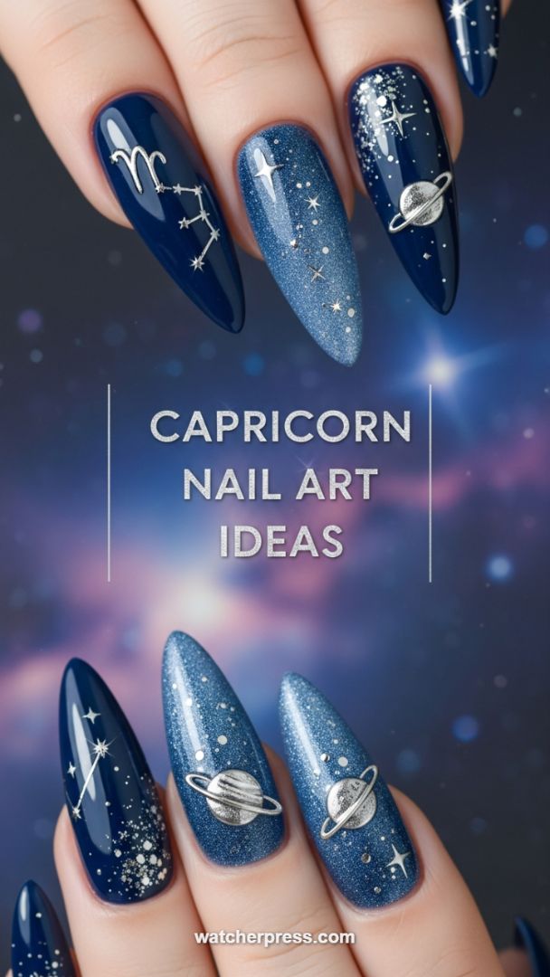 Midnight Constellation Glam: 3D Capricorn and Saturn Stiletto Nail Design