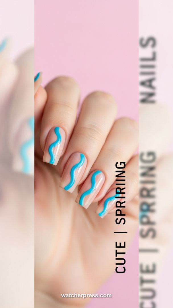 Minimalist Wave Art: Electric Blue Wavy Lines on Sheer Coffin Nails