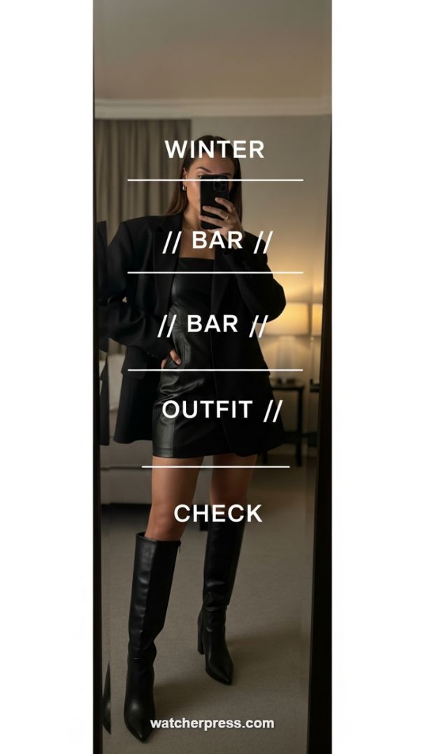 Monochromatic Edge: Mastering the Winter Bar Outfit with Tailored Leather and Knee-High Boots.