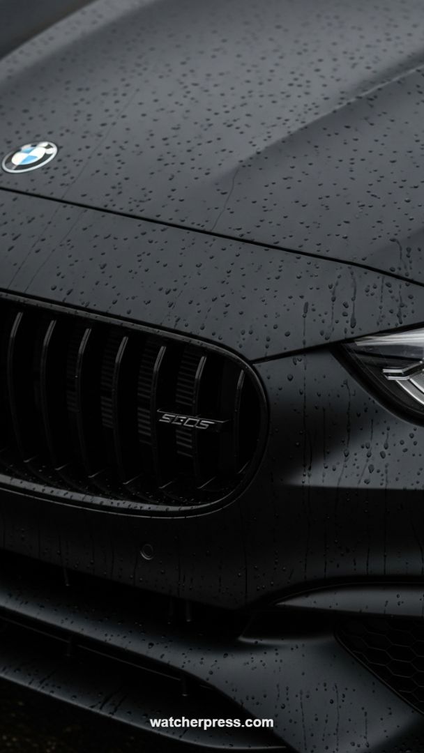 Monochromatic Performance: Wet BMW Grille Detail Wallpaper