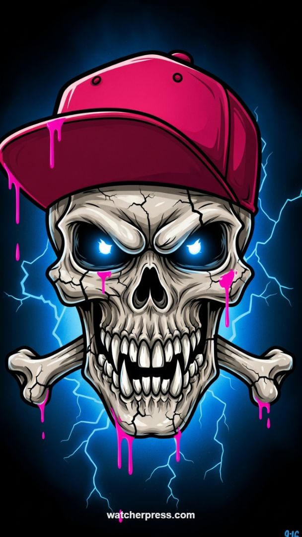 Neon Fury: Aggressive Skull Art with Electric Blue Eyes