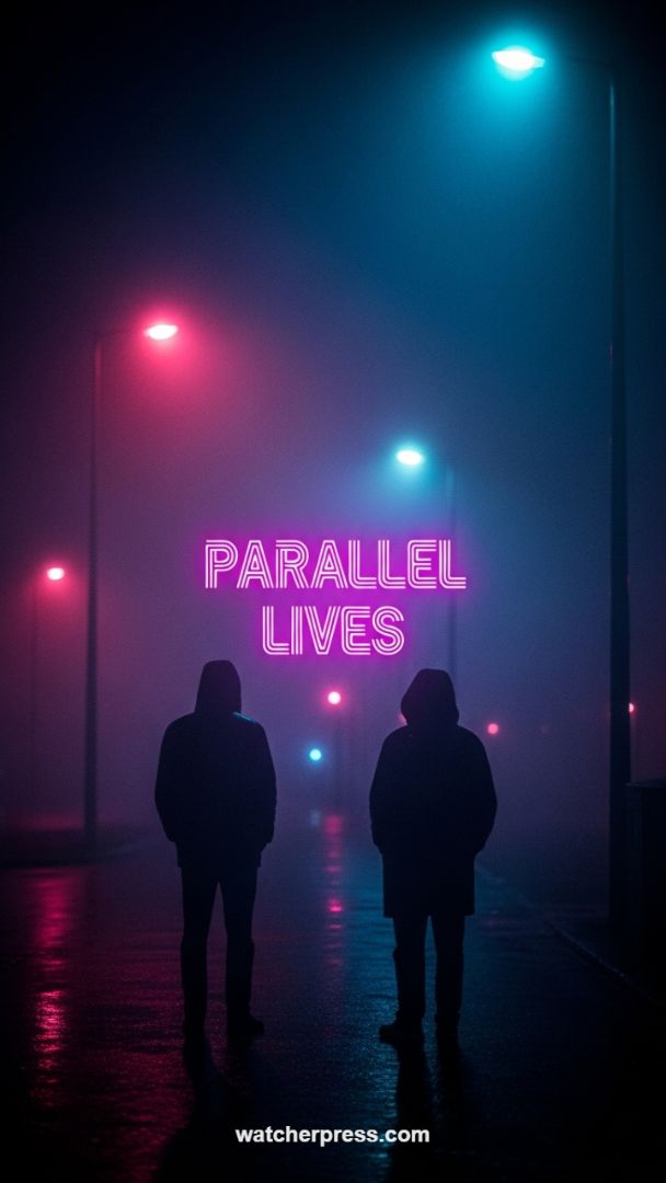 Neon Noir: 'Parallel Lives' Cyberpunk Streetscape Dark Mode Wallpaper