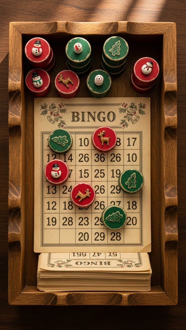 Nostalgic Holiday Bingo Game Set with Handcrafted Christmas Tokens