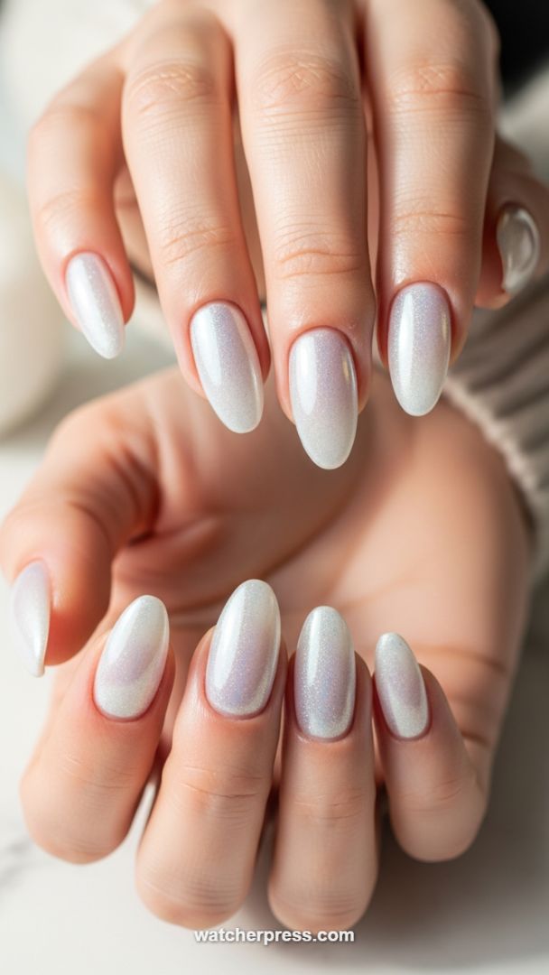 Opulent Aurora Shimmer: The Perfect Pearlescent Oval Manicure