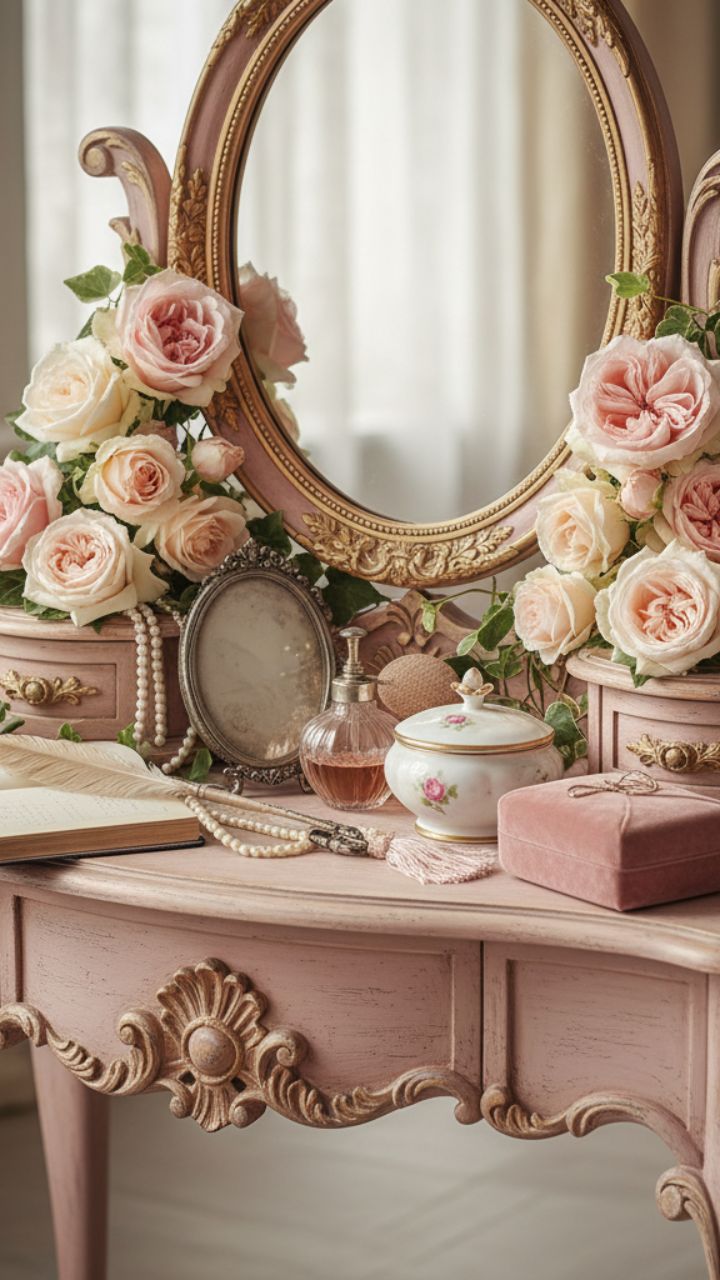Parisian Romance: The Distressed Blush Vanity and Gilded Mirror Set