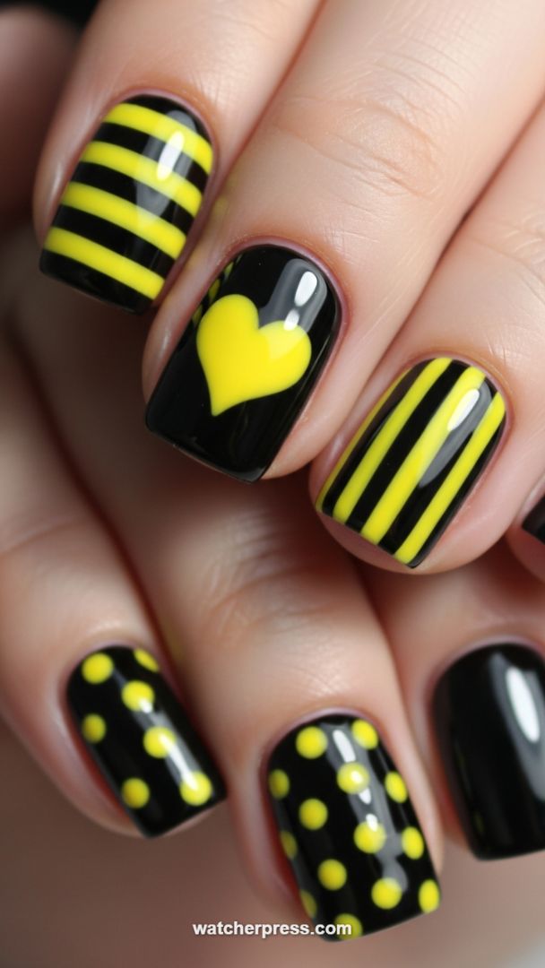 Queen Bee Valentine: High-Contrast Black and Yellow Heart Manicure